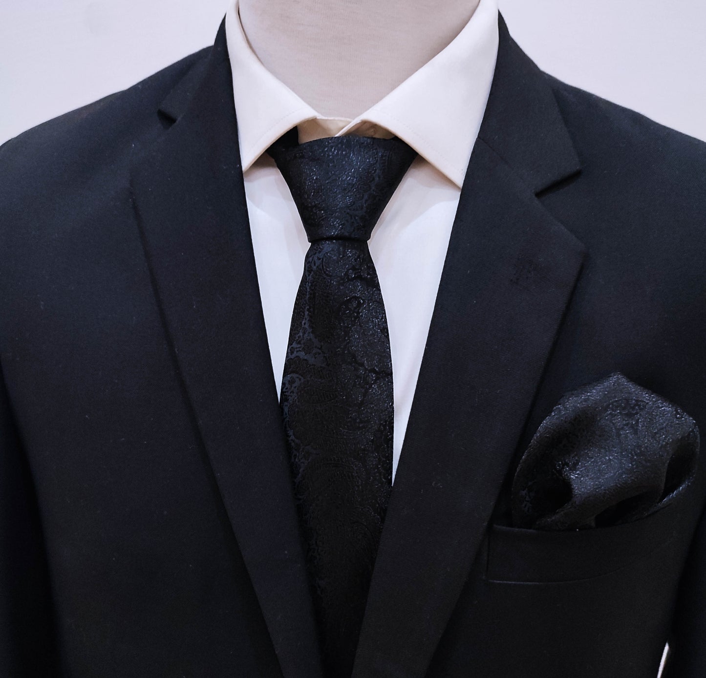Black Paisley Self Tie and Pocket Square Set