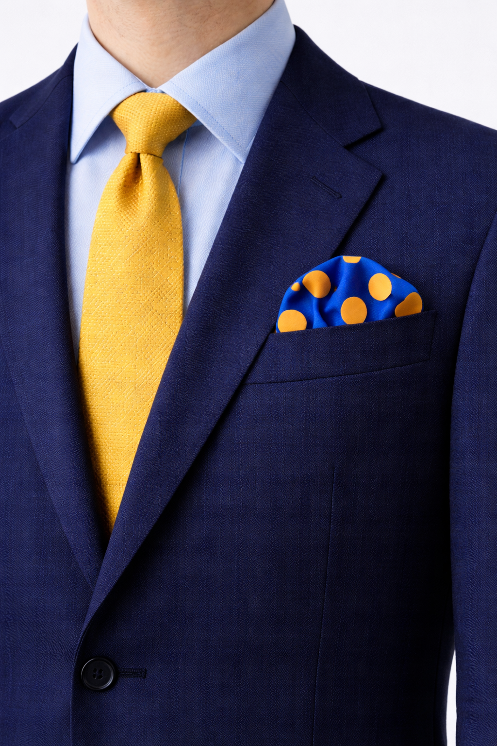 Navy Blue Silk Pocket Square with Orange Polka Dots by Monzoro – view 5