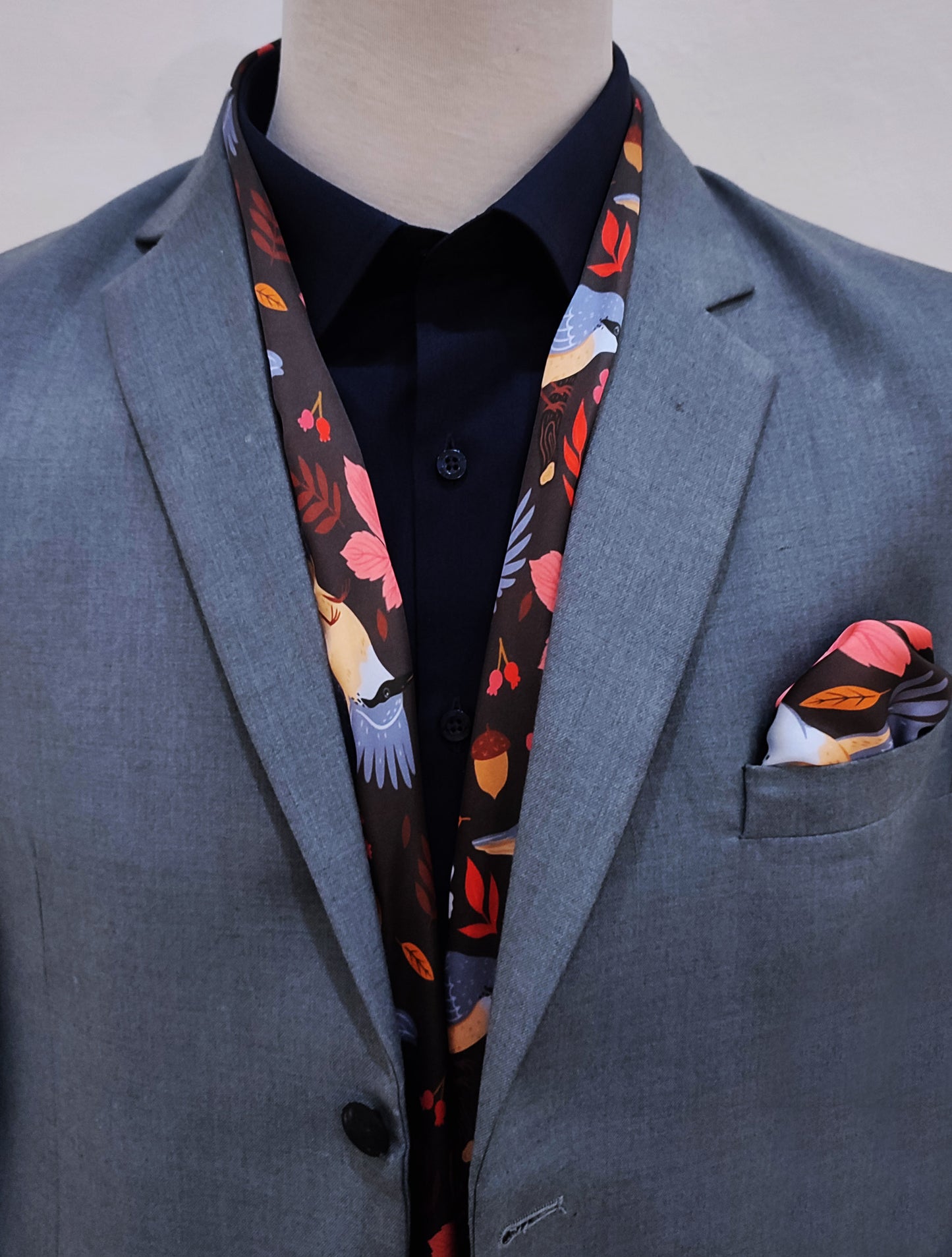Winter Birds and Autumn Leaves - Silk Scarf and Pocket Square Set