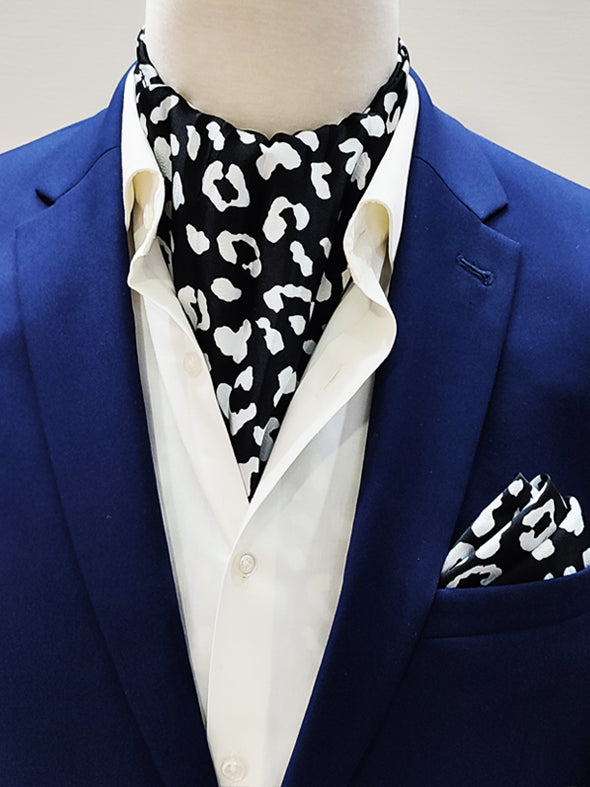 Black and White Leopard Silk Ascot and Pocket Square Set