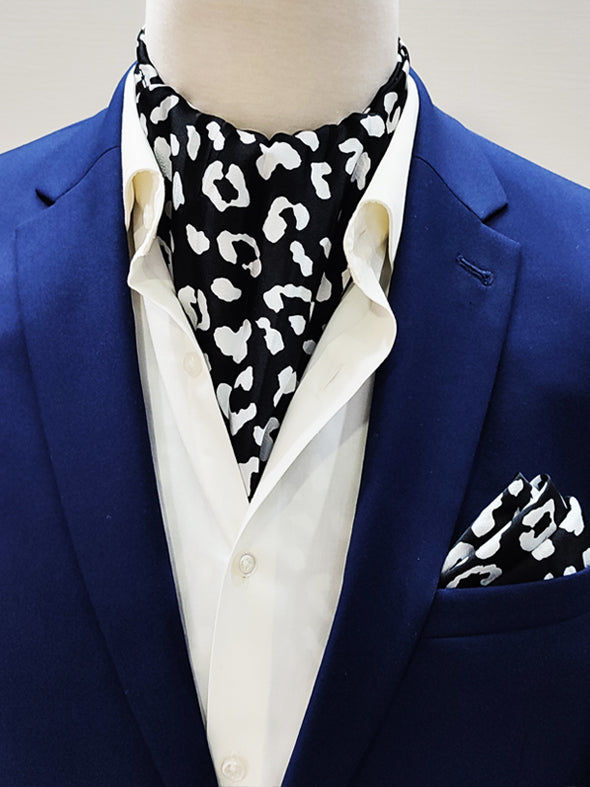 BLACK AND WHITE LEOPARD SILK ASCOT And Pocket Square SET