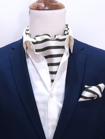 White & Green Stripes Silk Ascot & Pocket Square Set