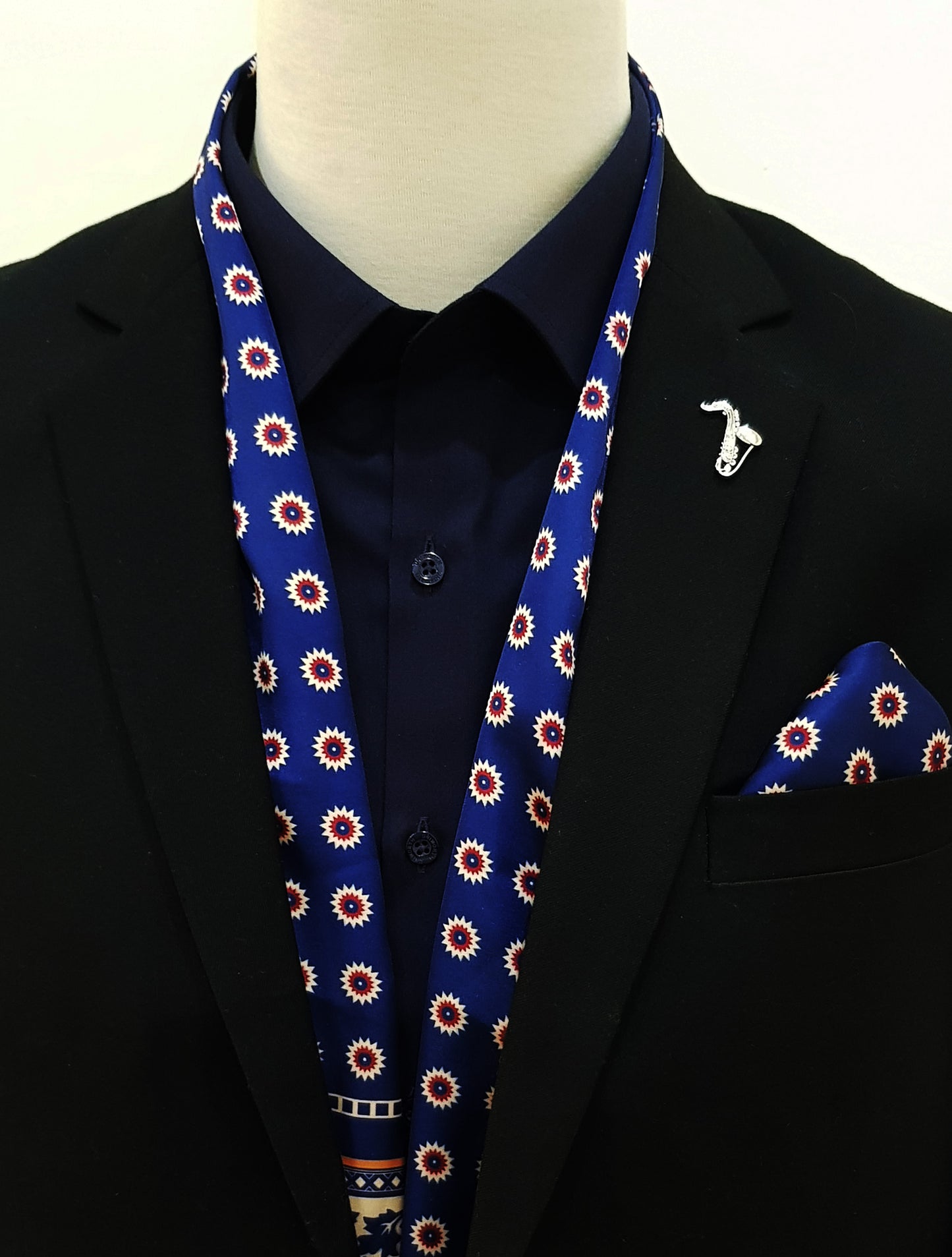 Navy Blue & Gold Reversible Silk Men Scarf and Pocket Square Set