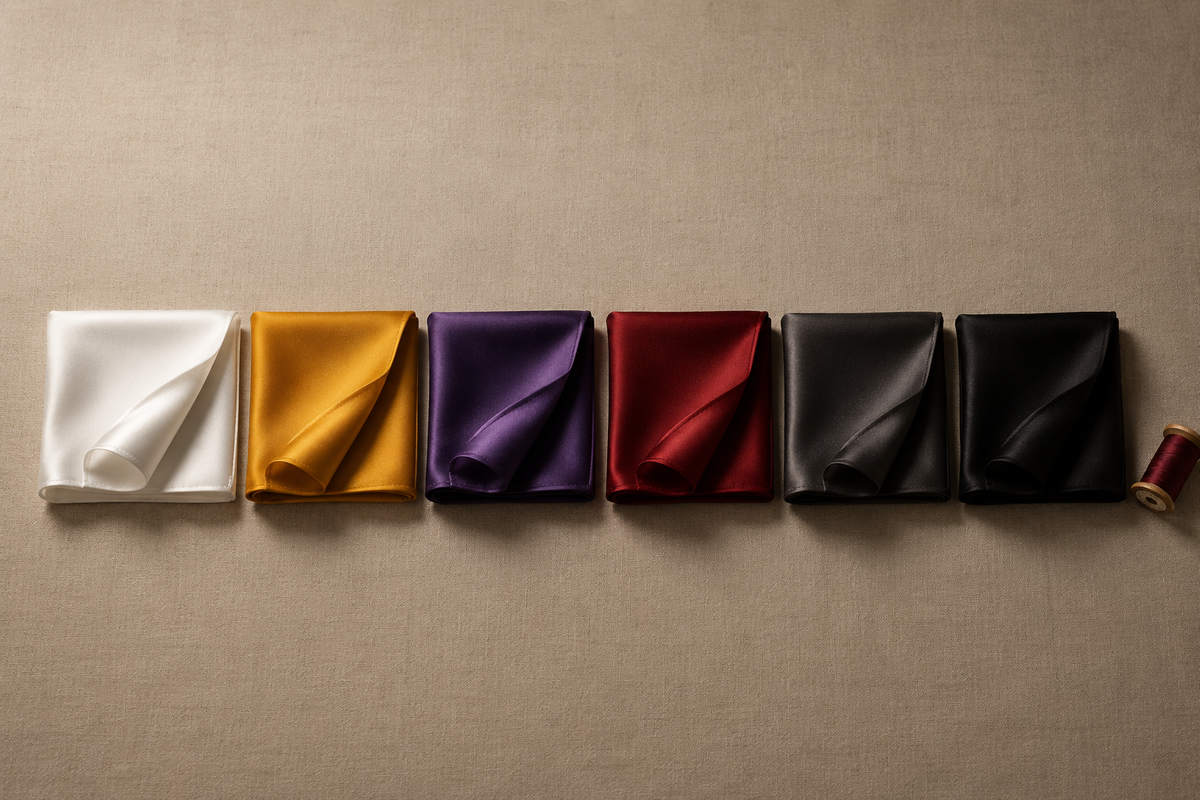Solid silk pocket squares in pearl white, mustard, mauve, bordeaux and black laid across linen