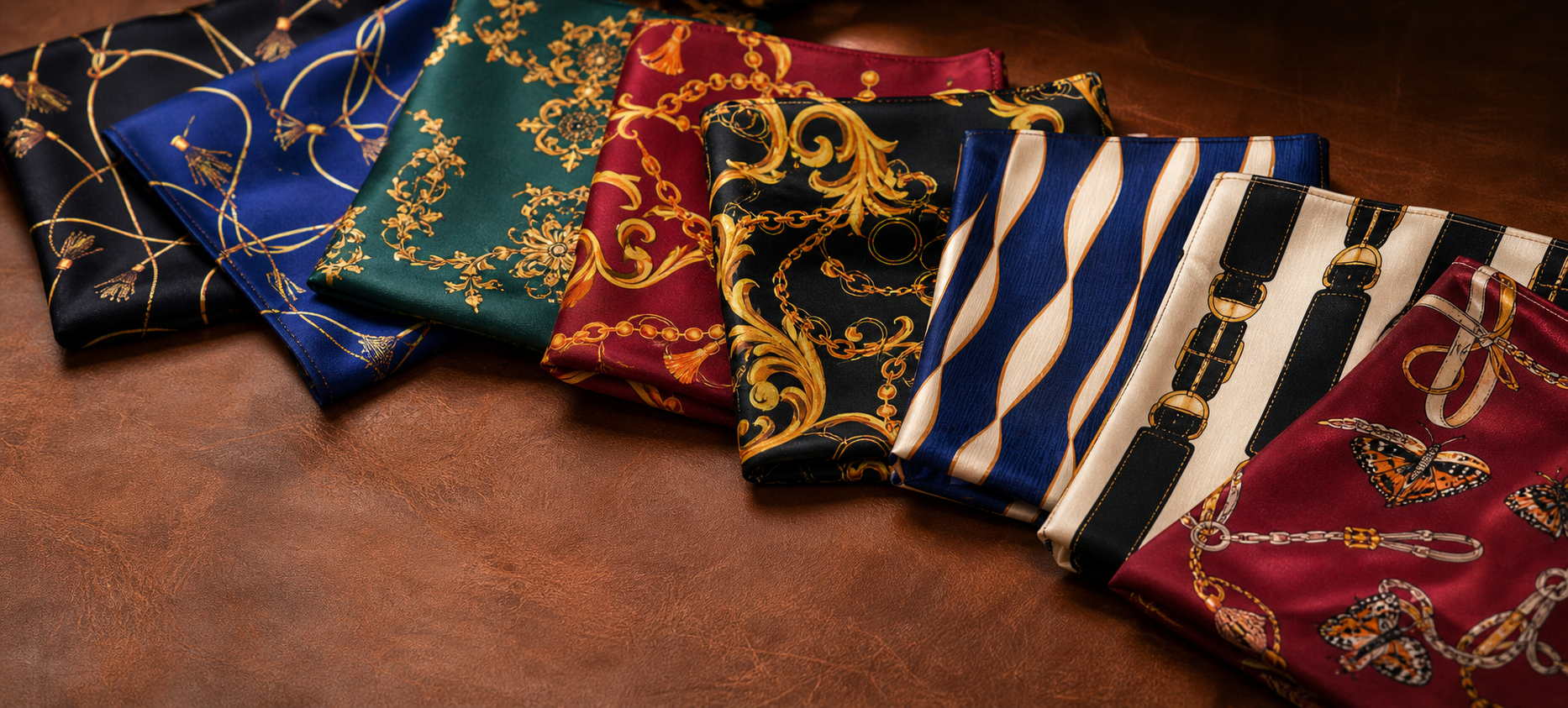 Monzoro silk pocket squares fanned out on a leather background