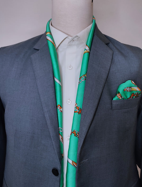 CHAINS AND STRAPS (SEA GREEN) - SILK SCARF AND POCKET SQUARE SET