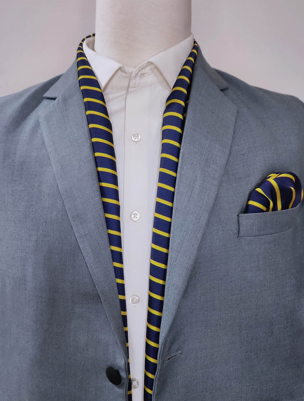 BLUE AND GOLD STRIPES - SILK scarf and pocket square set