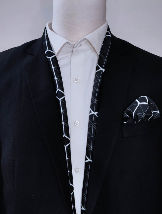 Black And White Hexagonal - Silk Scarf and Pocket Square Set