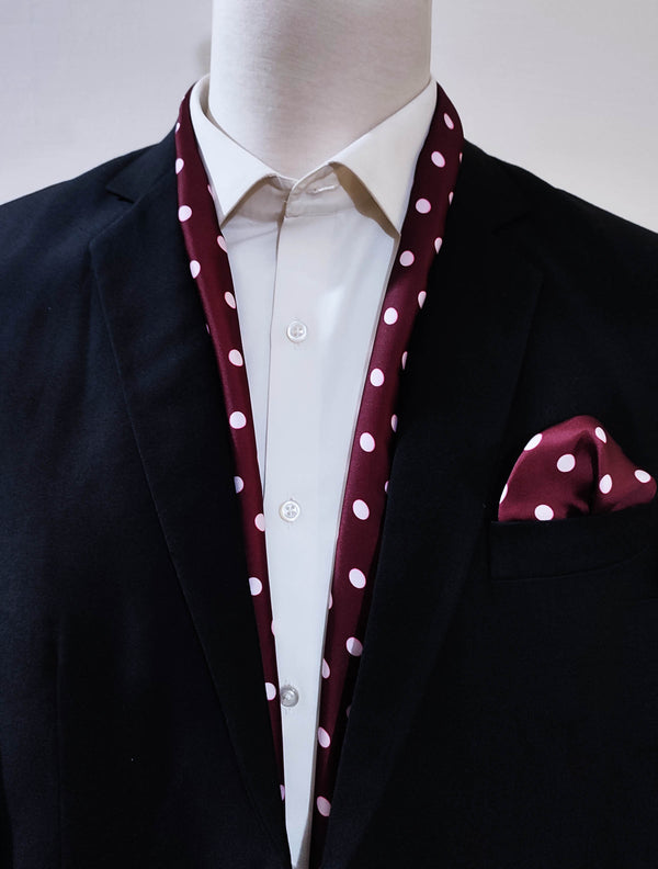 maroon with white polka drops - silk scarf and pocket square set