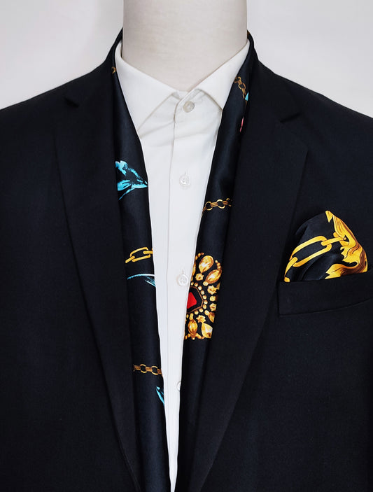 Black & Gold Chain Pattern - Silk Scarf and Pocket Square Set