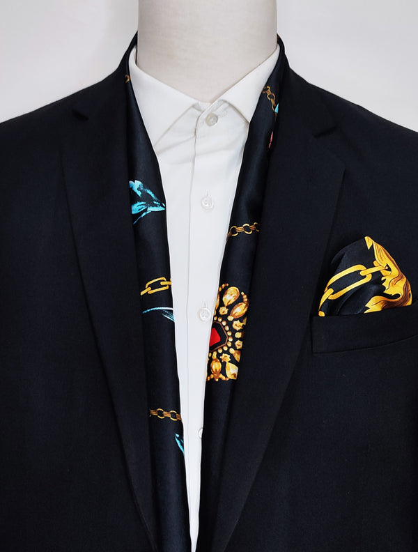 BLACK & GOLD CHAIN PATTERN - SILK SCARF AND POCKET SQUARE SET