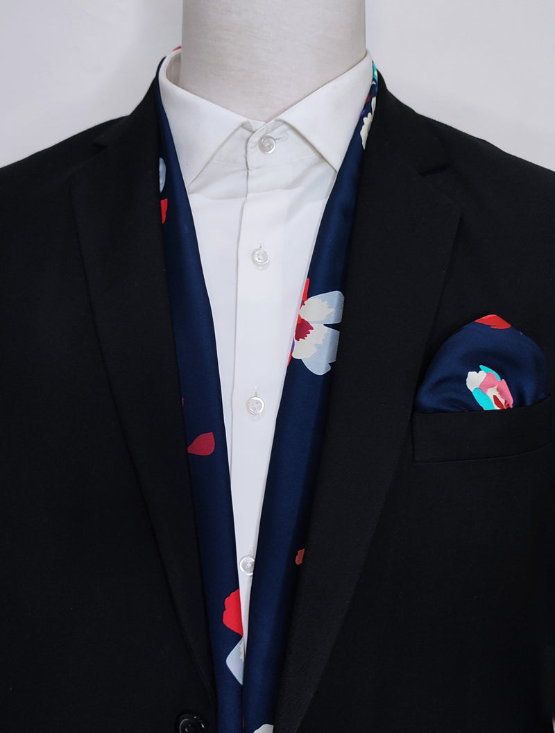 THE DEEP BLUE FLORAL - SILK SCARF AND POCKET SQUARE SET