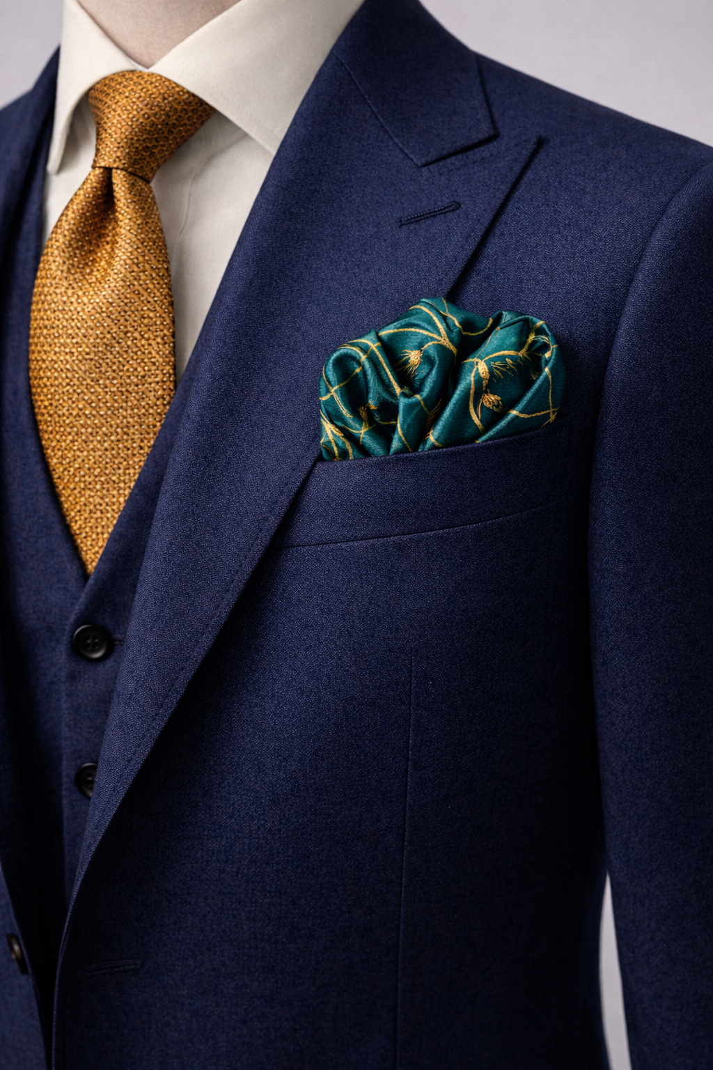 Teal Silk Pocket Square with Golden Ropes