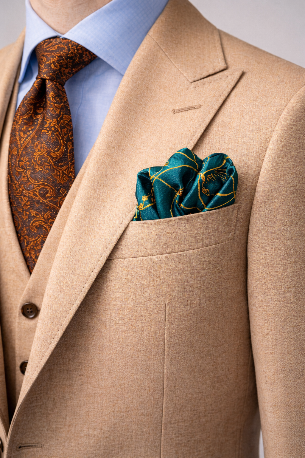 Teal Silk Pocket Square with Golden Ropes