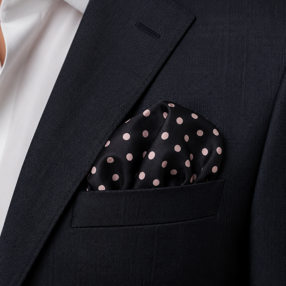 Charcoal Grey with Pink Polka Dots Silk Pocket Square by Monzoro – view 12