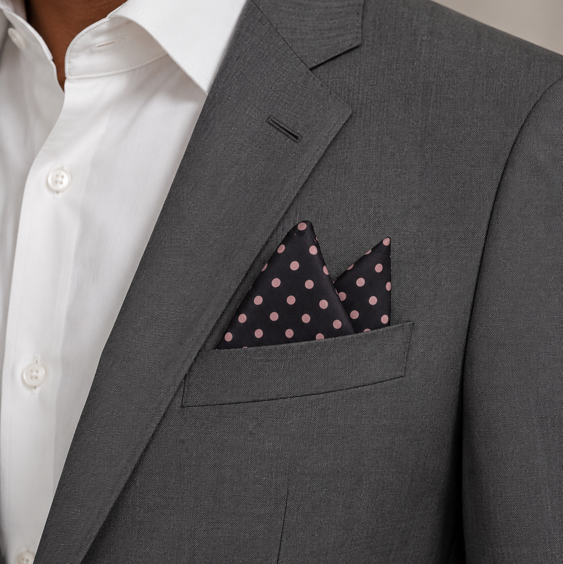 Charcoal Grey with Pink Polka Dots Silk Pocket Square by Monzoro – view 14