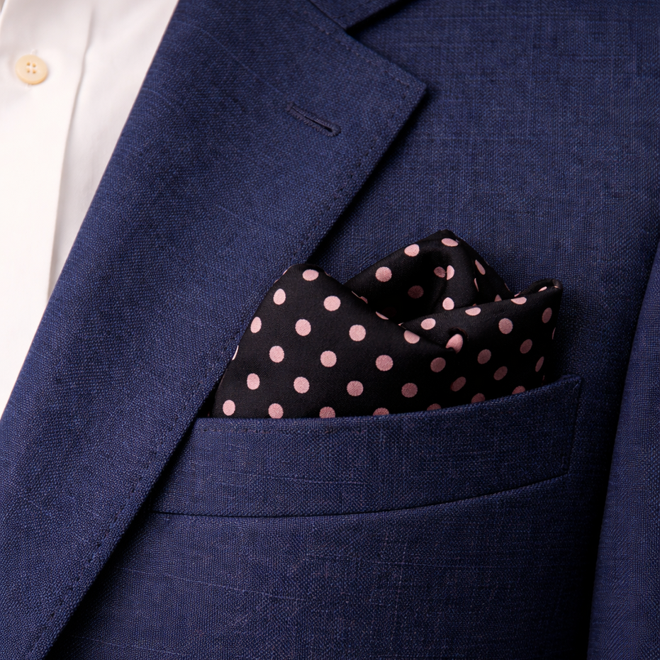 Charcoal Grey with Pink Polka Dots Silk Pocket Square by Monzoro – view 3