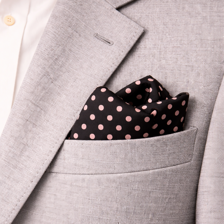 Charcoal Grey with Pink Polka Dots Silk Pocket Square by Monzoro – view 4