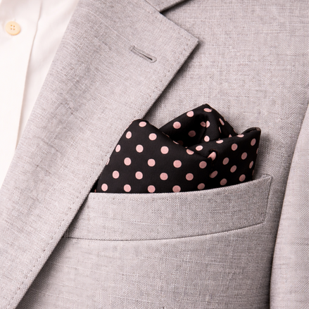 Charcoal Grey with Pink Polka Dots Silk Pocket Square by Monzoro – view 4