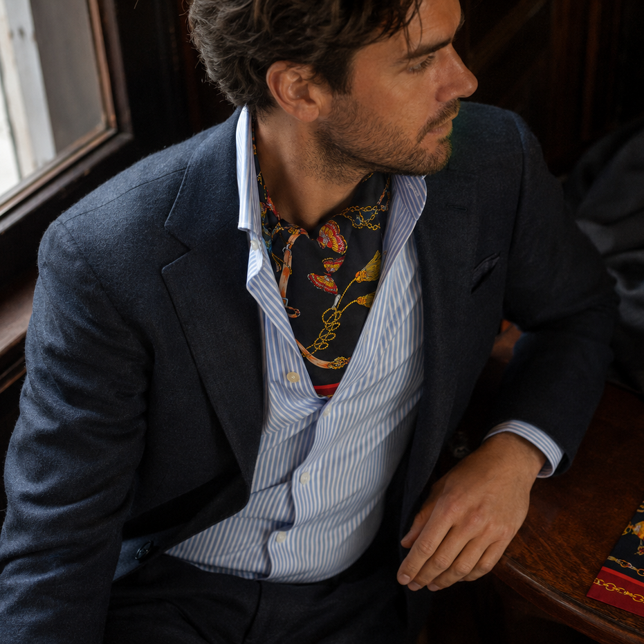 Deep Midnight Blue Butterfly Charms Silk Ascot by Monzoro – view 15