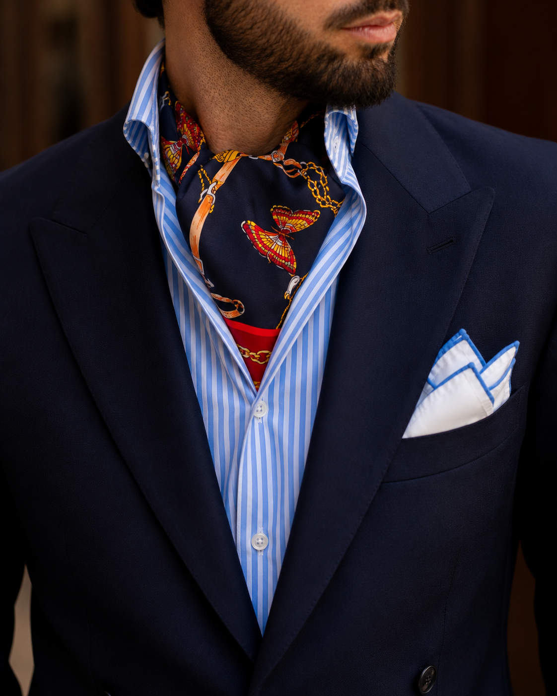 Deep Midnight Blue Butterfly Charms Silk Ascot by Monzoro – view 5