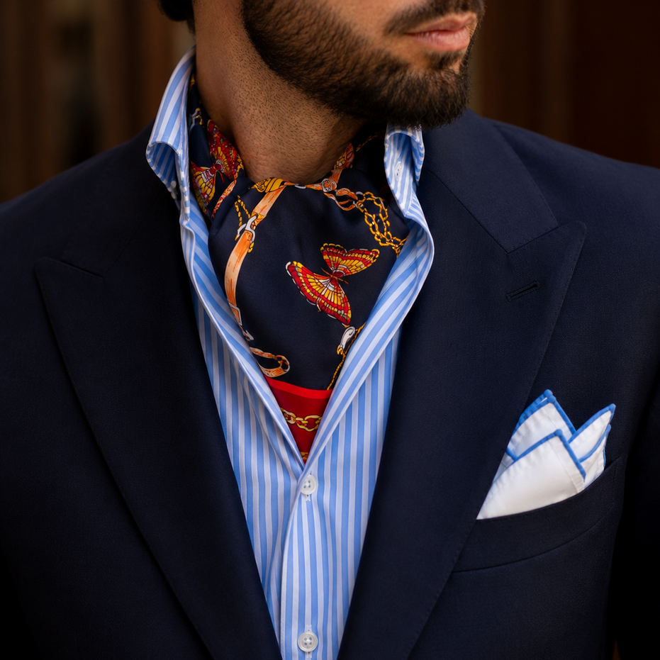Deep Midnight Blue Butterfly Charms Silk Ascot by Monzoro – view 5
