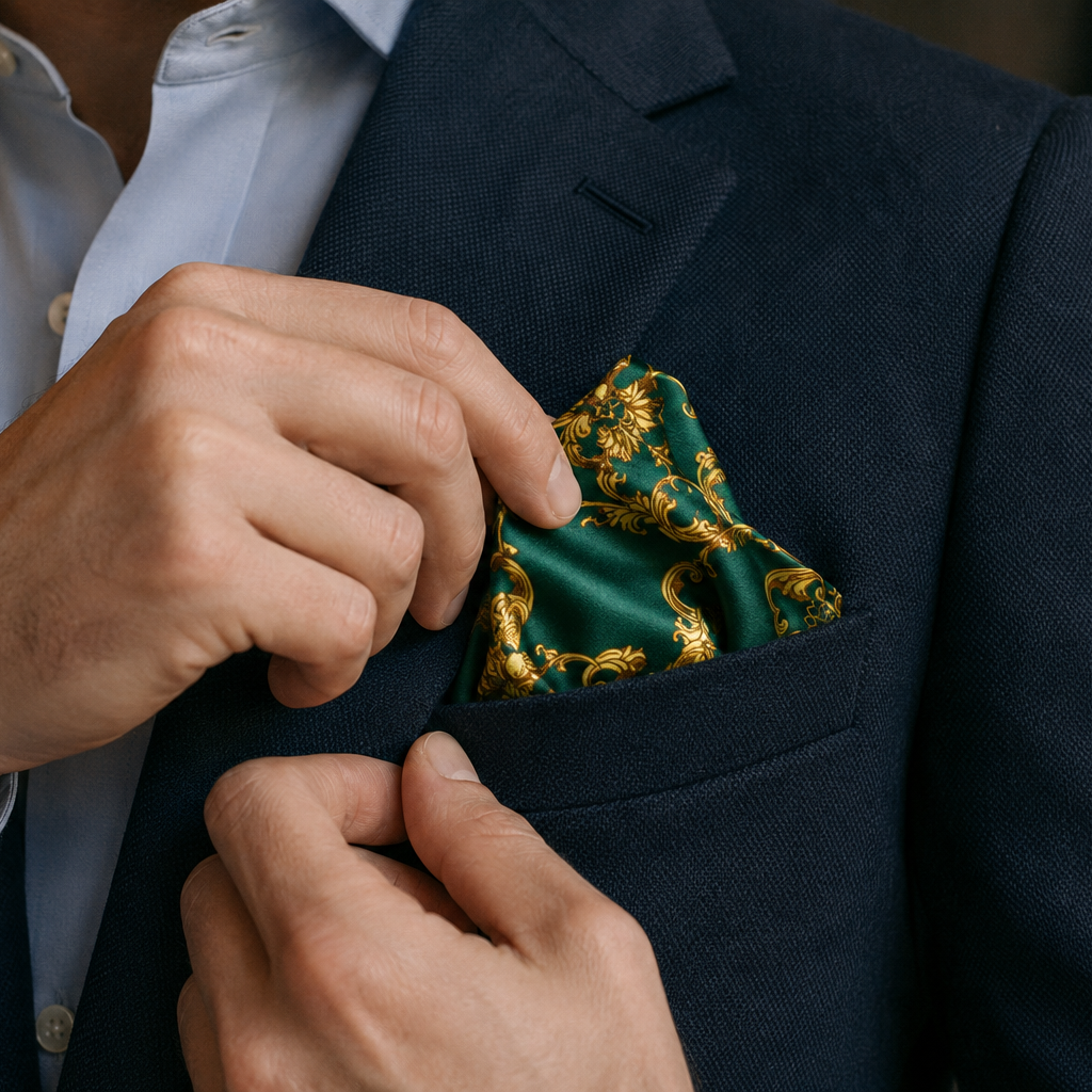 Emerald with Gold Pattern Silk Pocket Square by Monzoro – view 10