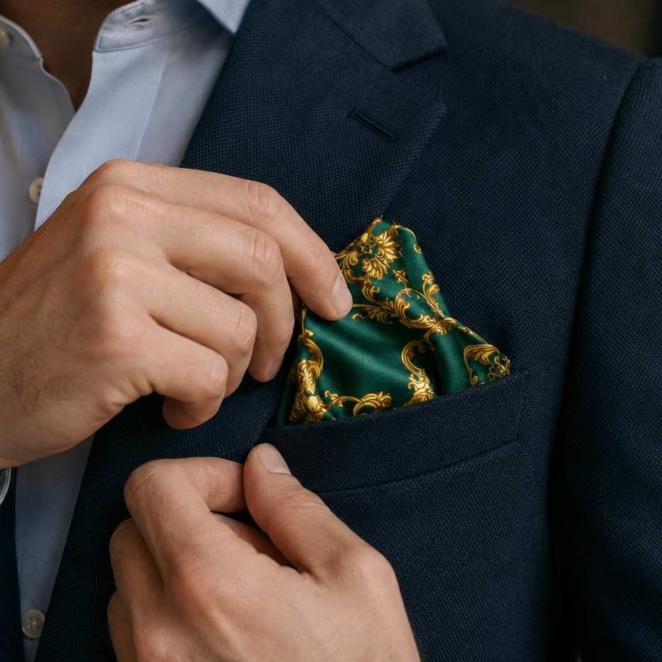 Emerald with Gold Pattern Silk Pocket Square by Monzoro – view 10