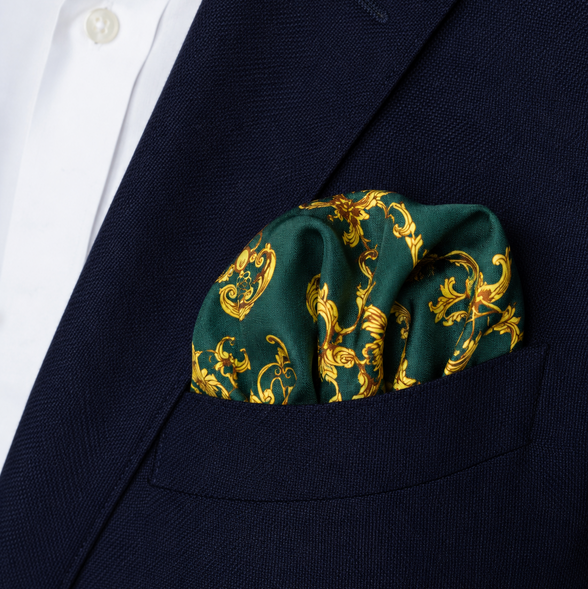 Emerald with Gold Pattern Silk Pocket Square by Monzoro – view 13