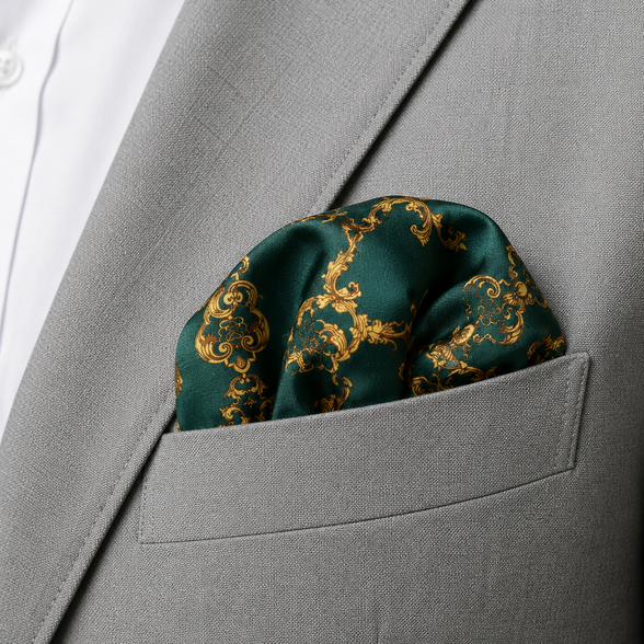 Emerald with Gold Pattern Silk Pocket Square by Monzoro – view 14