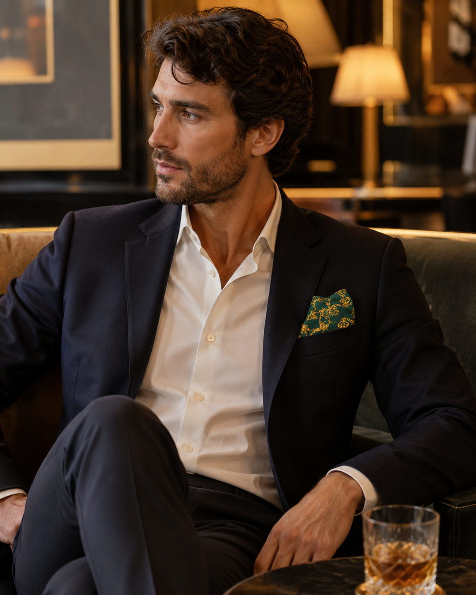 Emerald with Gold Pattern Silk Pocket Square by Monzoro – view 17
