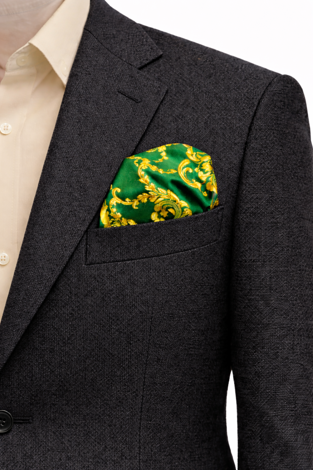 Emerald with Gold Pattern Silk Pocket Square by Monzoro – view 3