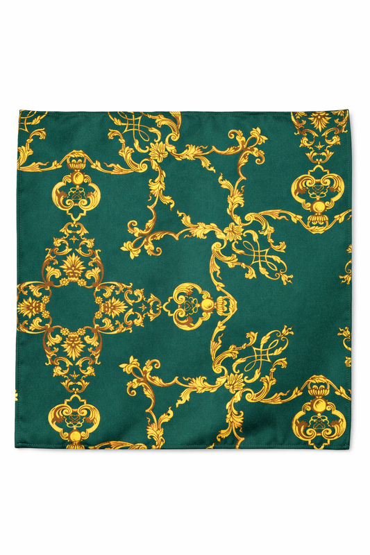 Emerald with Gold Pattern Silk Pocket Square by Monzoro