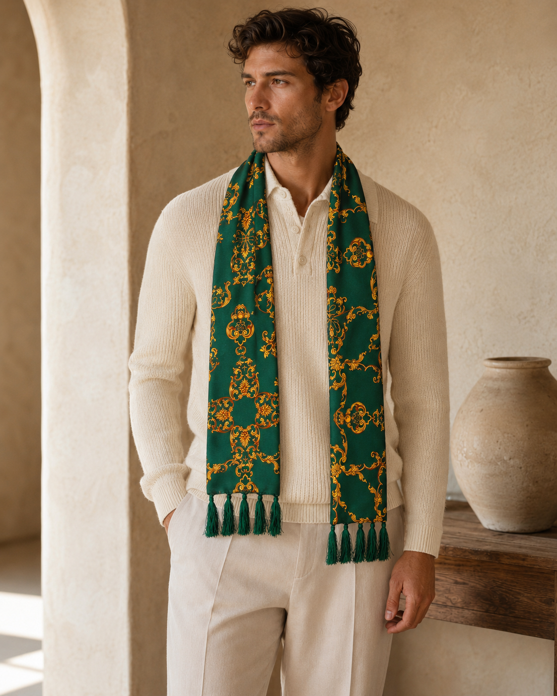 Emerald with Gold Pattern Silk Scarf by Monzoro – view 12