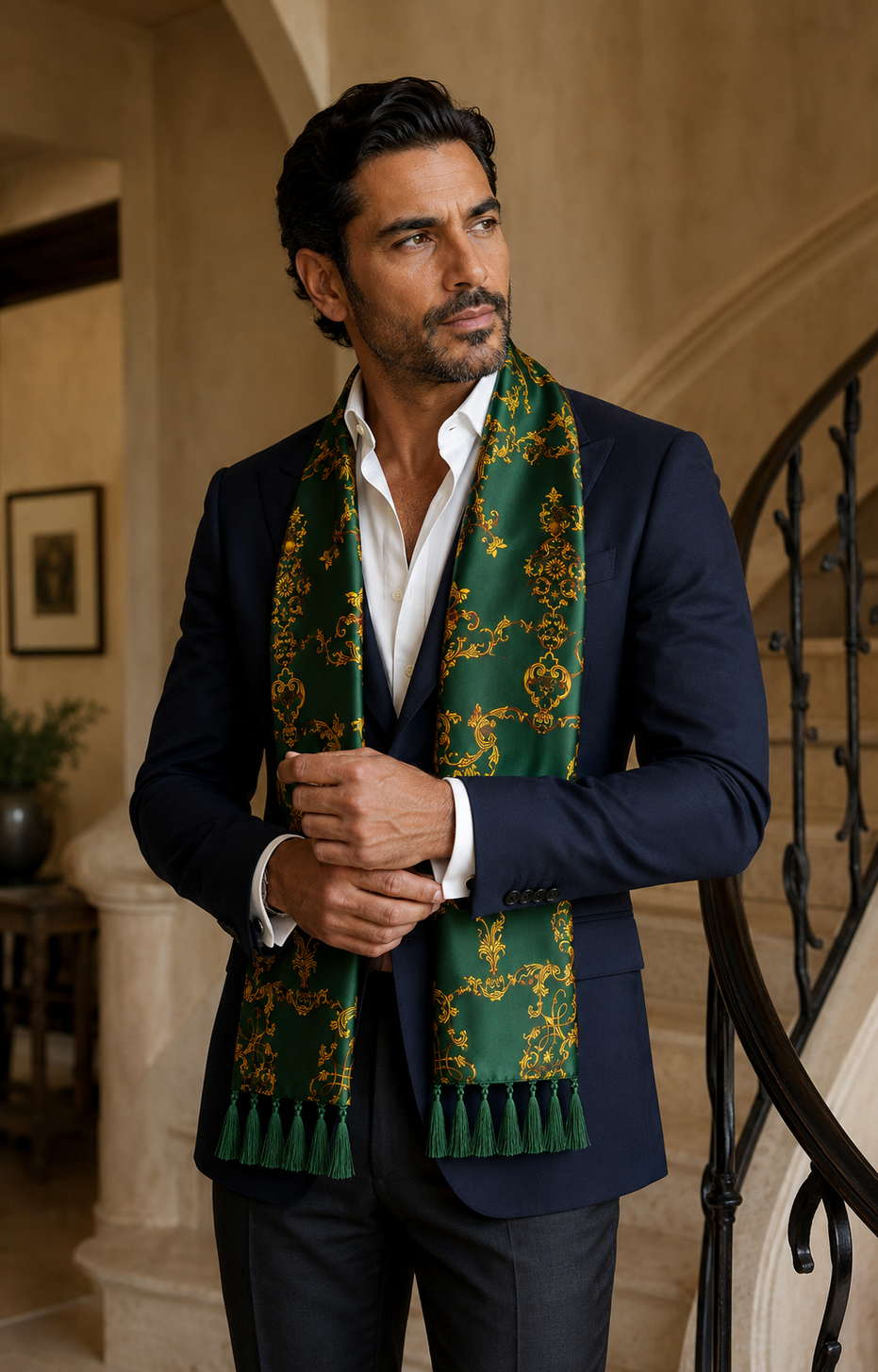 Emerald with Gold Pattern Silk Scarf by Monzoro – view 13