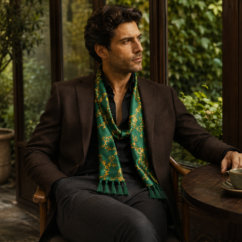 Emerald with Gold Pattern Silk Scarf by Monzoro – view 15