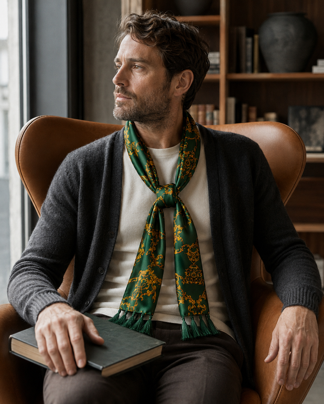 Emerald with Gold Pattern Silk Scarf by Monzoro – view 16