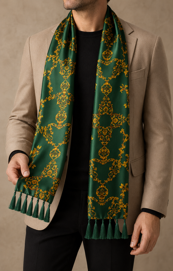Emerald with Gold Pattern Silk Scarf by Monzoro – view 18
