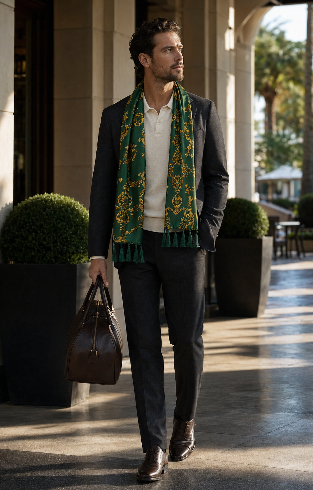 Emerald with Gold Pattern Silk Scarf by Monzoro – view 19