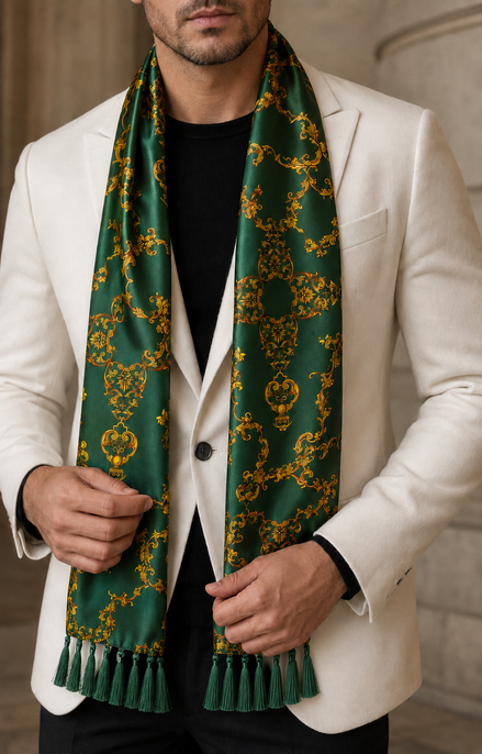 Emerald with Gold Pattern Silk Scarf by Monzoro – view 20