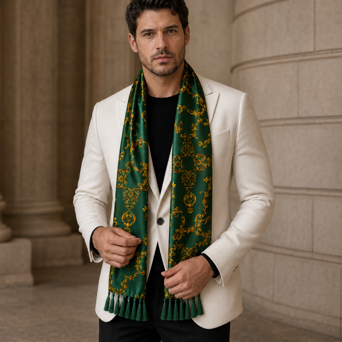 Emerald with Gold Pattern Silk Scarf by Monzoro – view 21