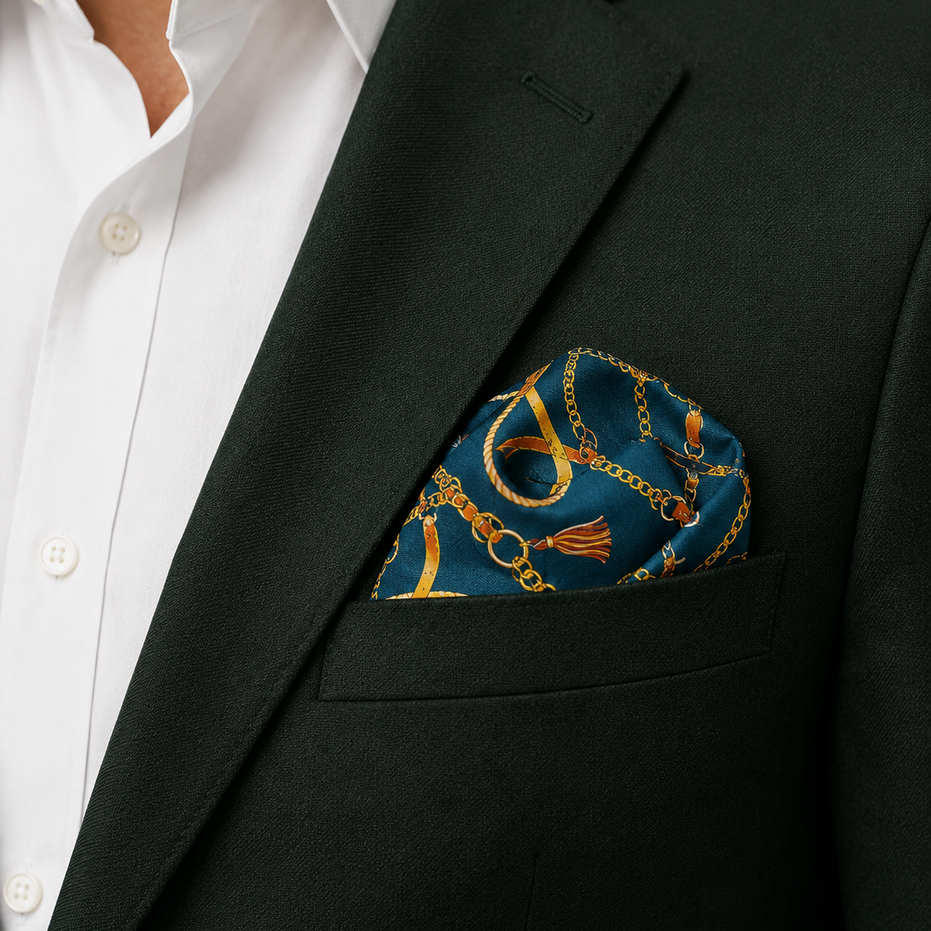 Equestrian Silk Pocket Square with Gold Details by Monzoro – view 31
