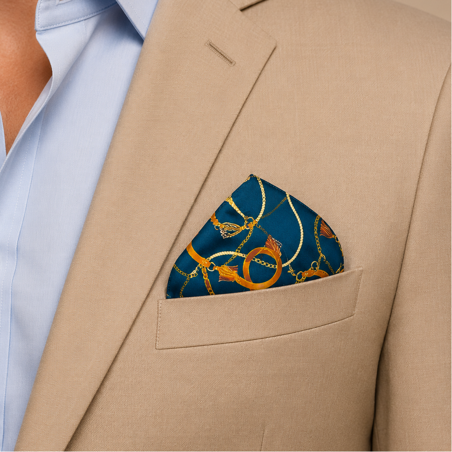 Equestrian Silk Pocket Square with Gold Details by Monzoro – view 32