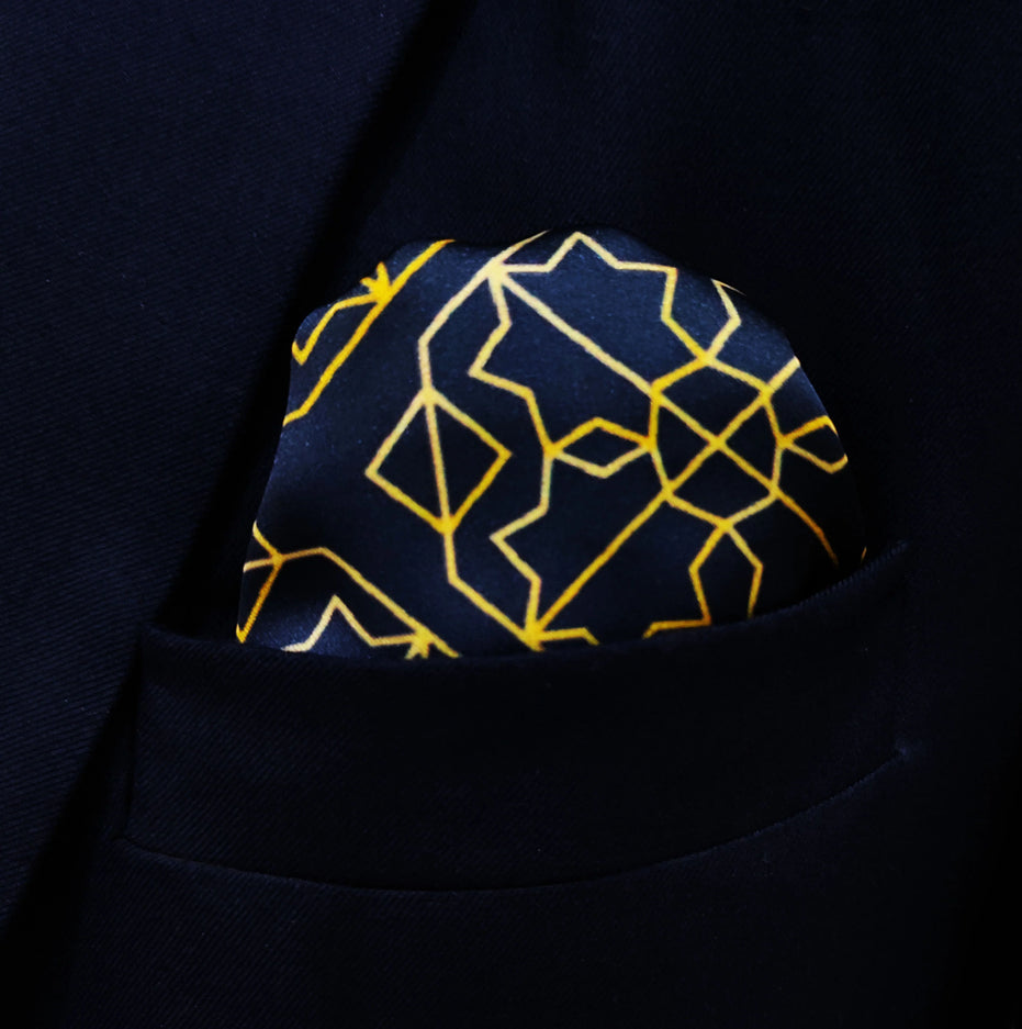 Navy and Gold Rugs Silk Pocket Square by Monzoro – view 5
