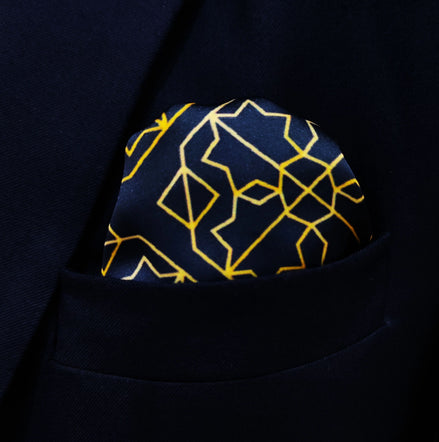Navy and Gold Rugs Silk Pocket Square by Monzoro – view 5
