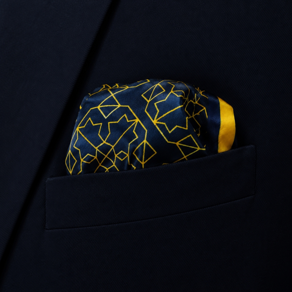 Navy and Gold Rugs Silk Pocket Square by Monzoro – view 9