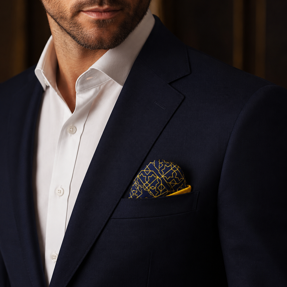 Navy and Gold Rugs Silk Pocket Square by Monzoro – view 10