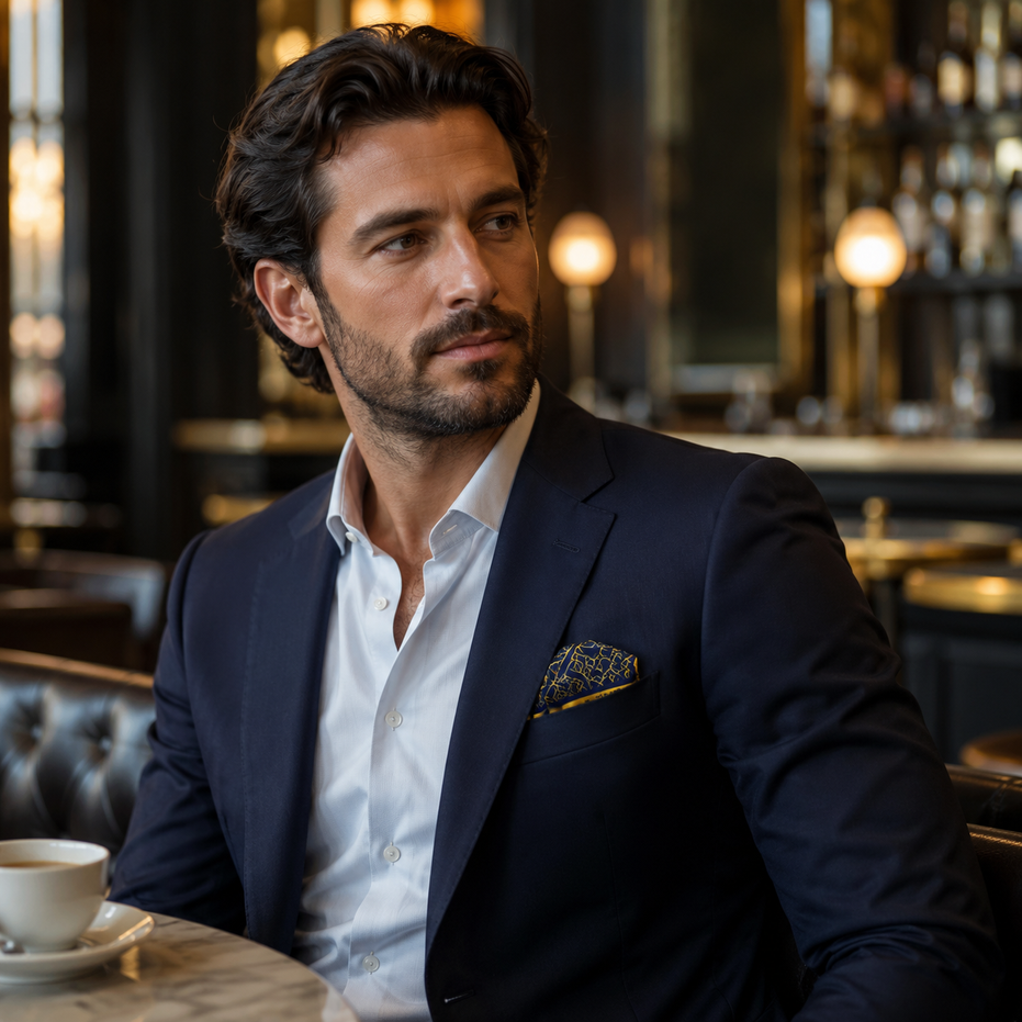 Navy and Gold Rugs Silk Pocket Square by Monzoro – view 12