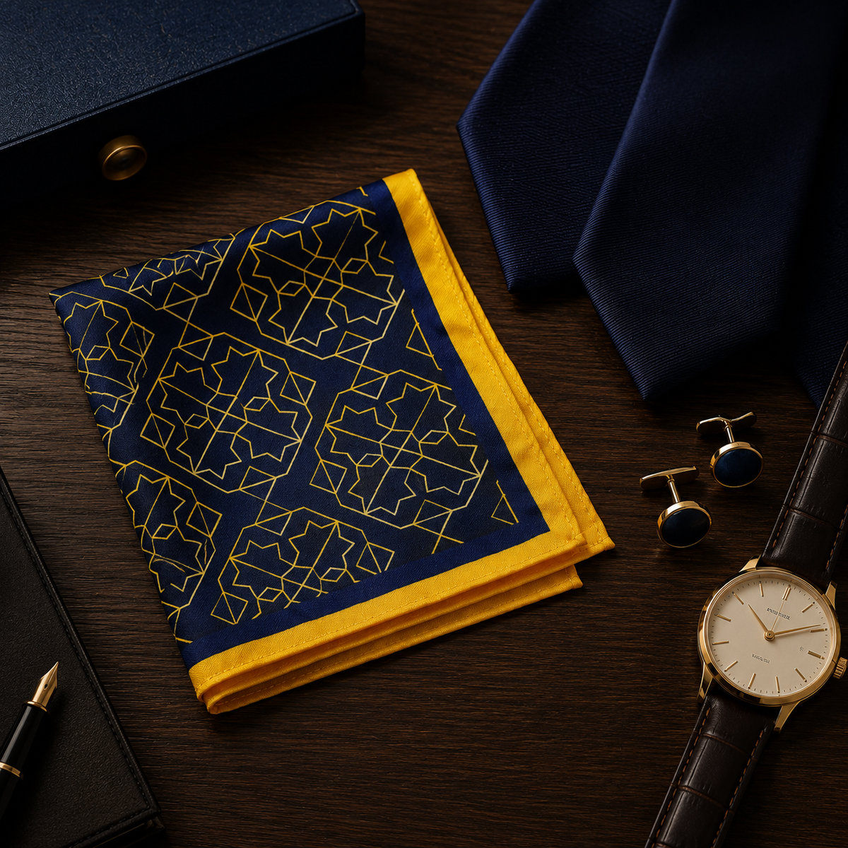 Navy and Gold Rugs Silk Pocket Square by Monzoro – view 13