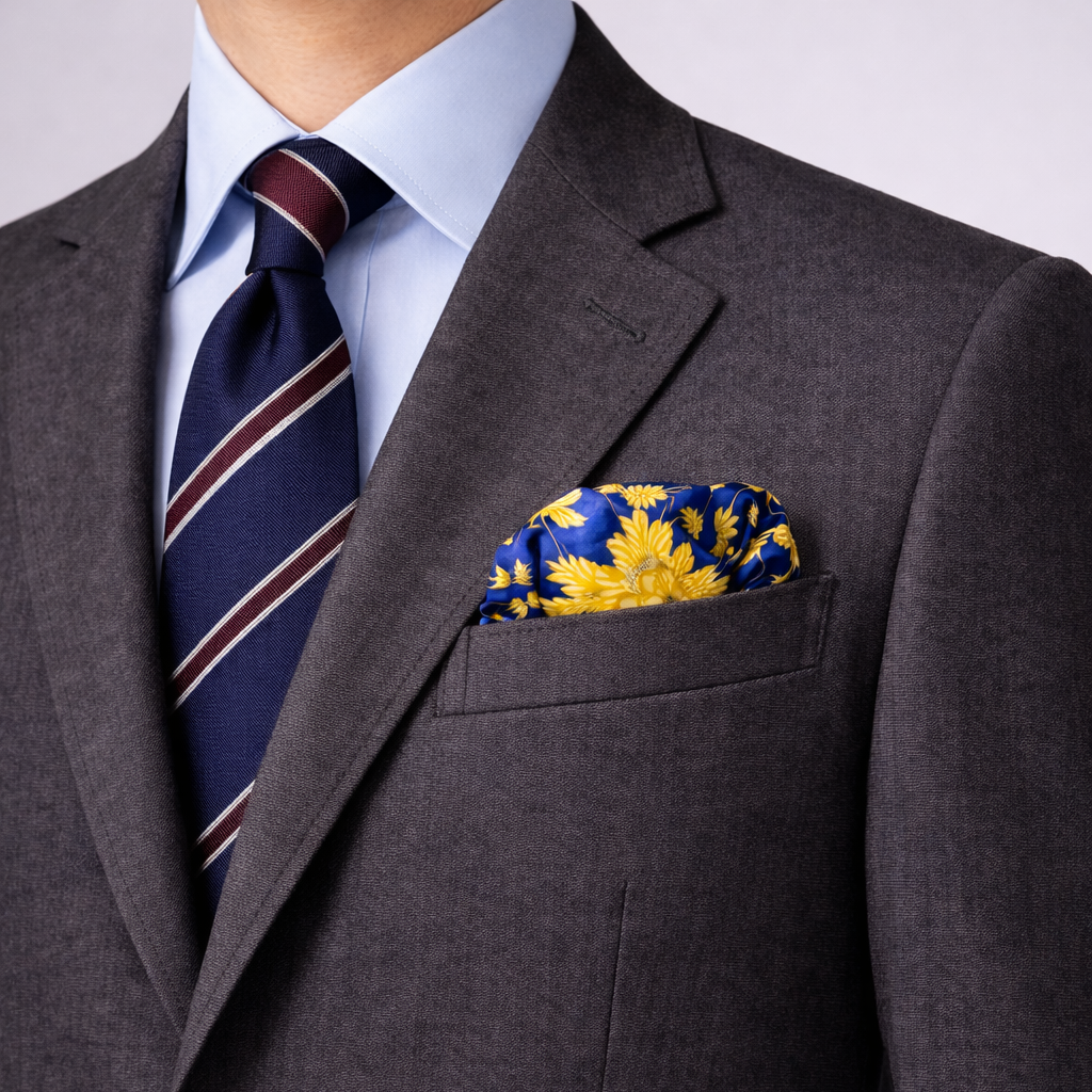 Navy Blue Floral Silk Pocket Square by Monzoro – view 11